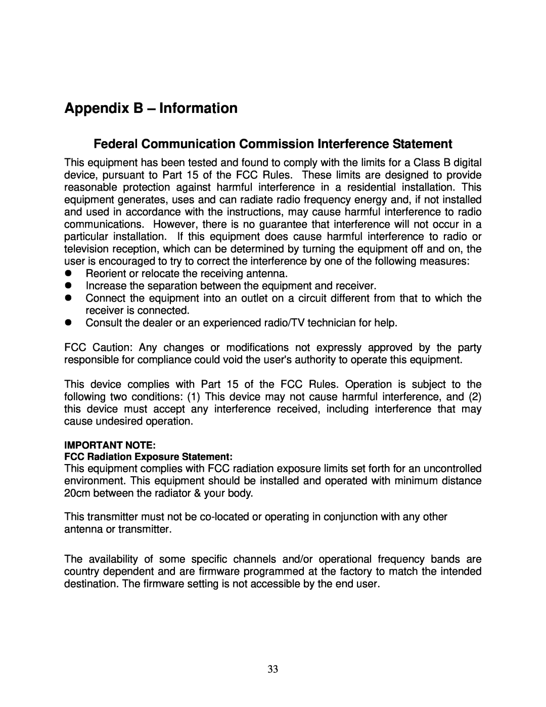 Airlink101 AWLL6070 user manual Appendix B - Information, Federal Communication Commission Interference Statement 