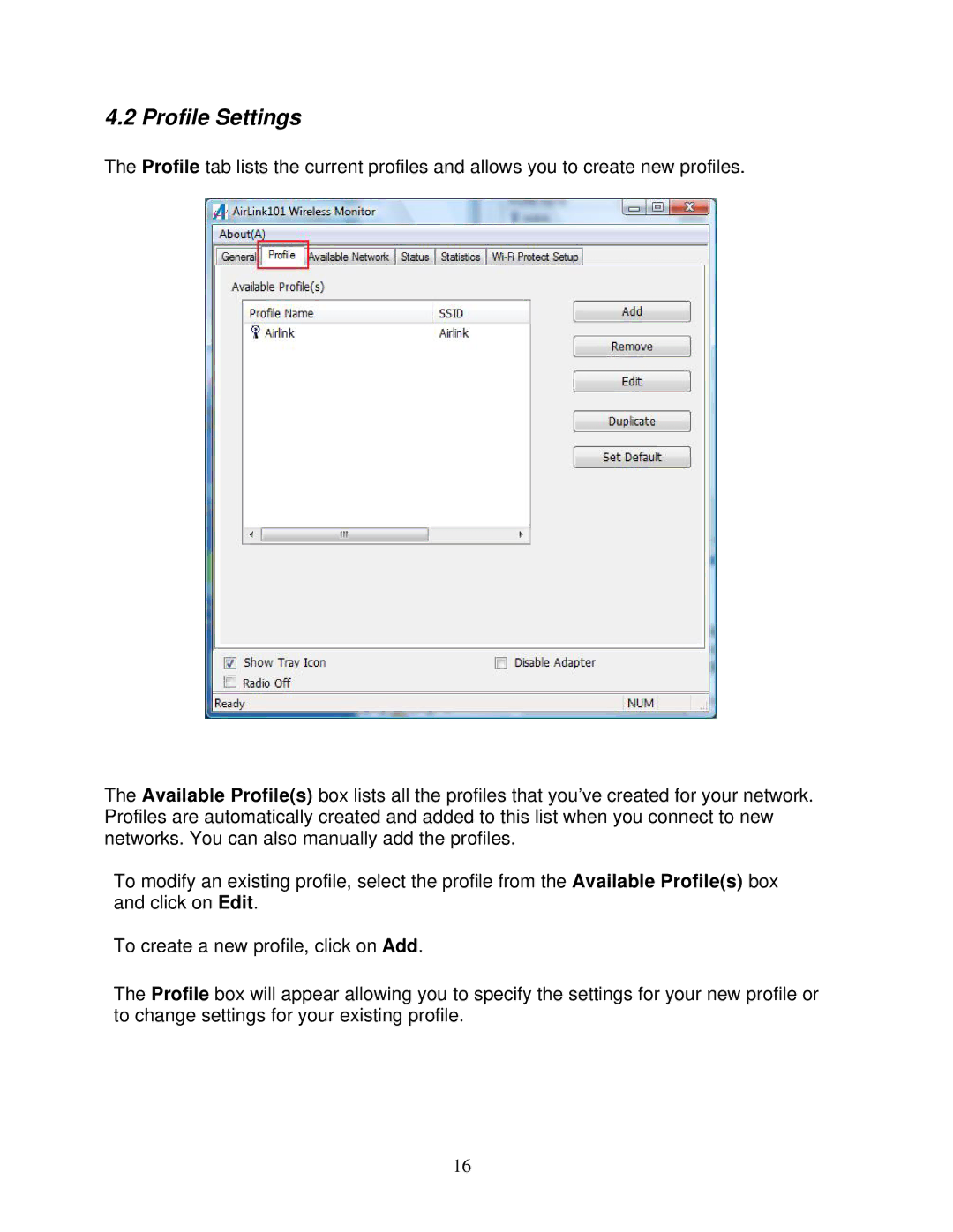 Airlink101 AWLL6075 user manual Profile Settings 