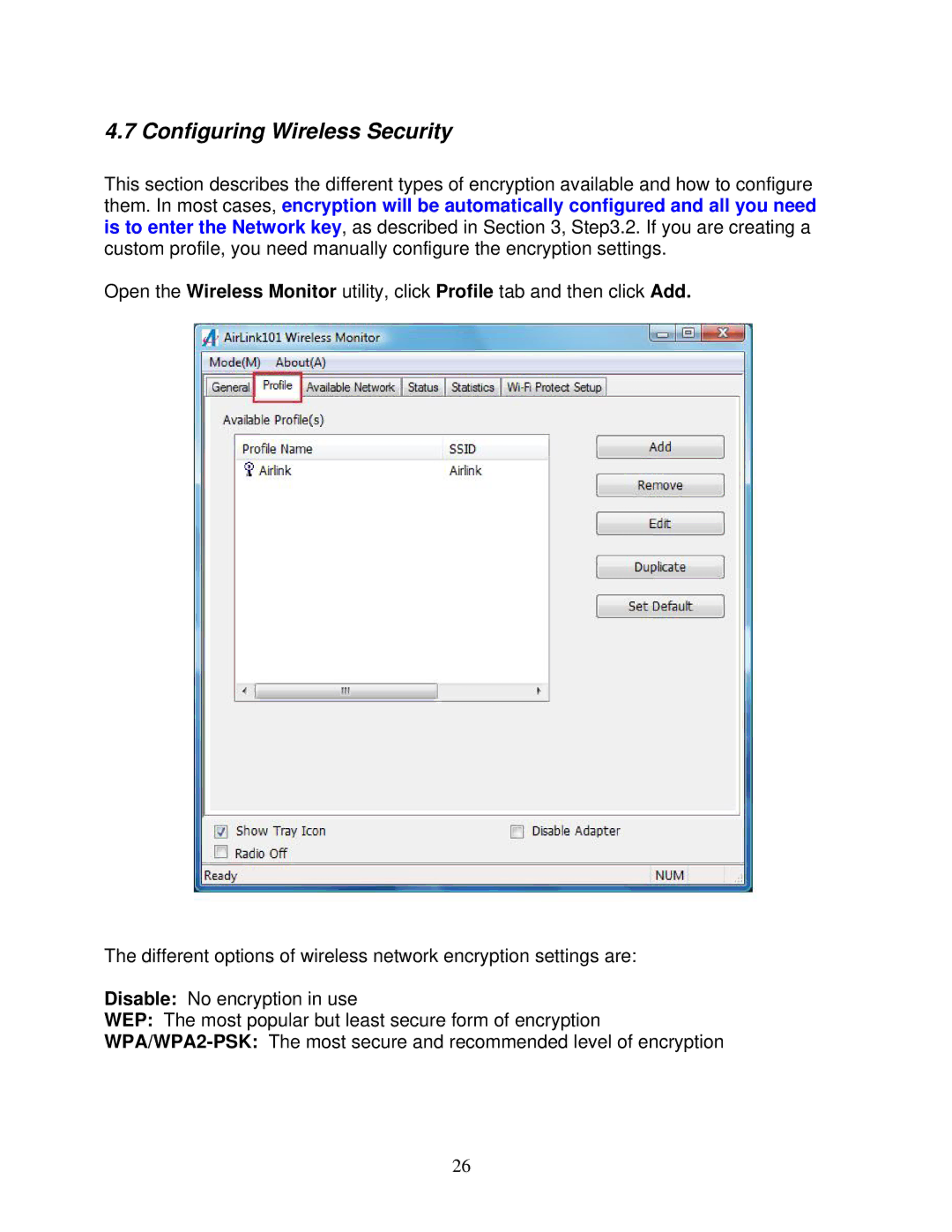 Airlink101 AWLL6075 user manual Configuring Wireless Security 