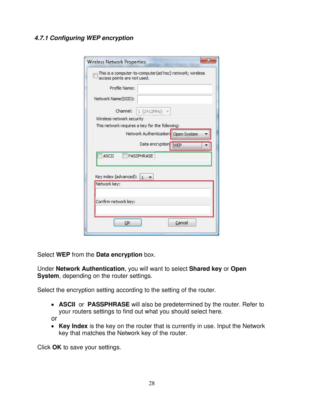 Airlink101 AWLL6075 user manual Configuring WEP encryption 