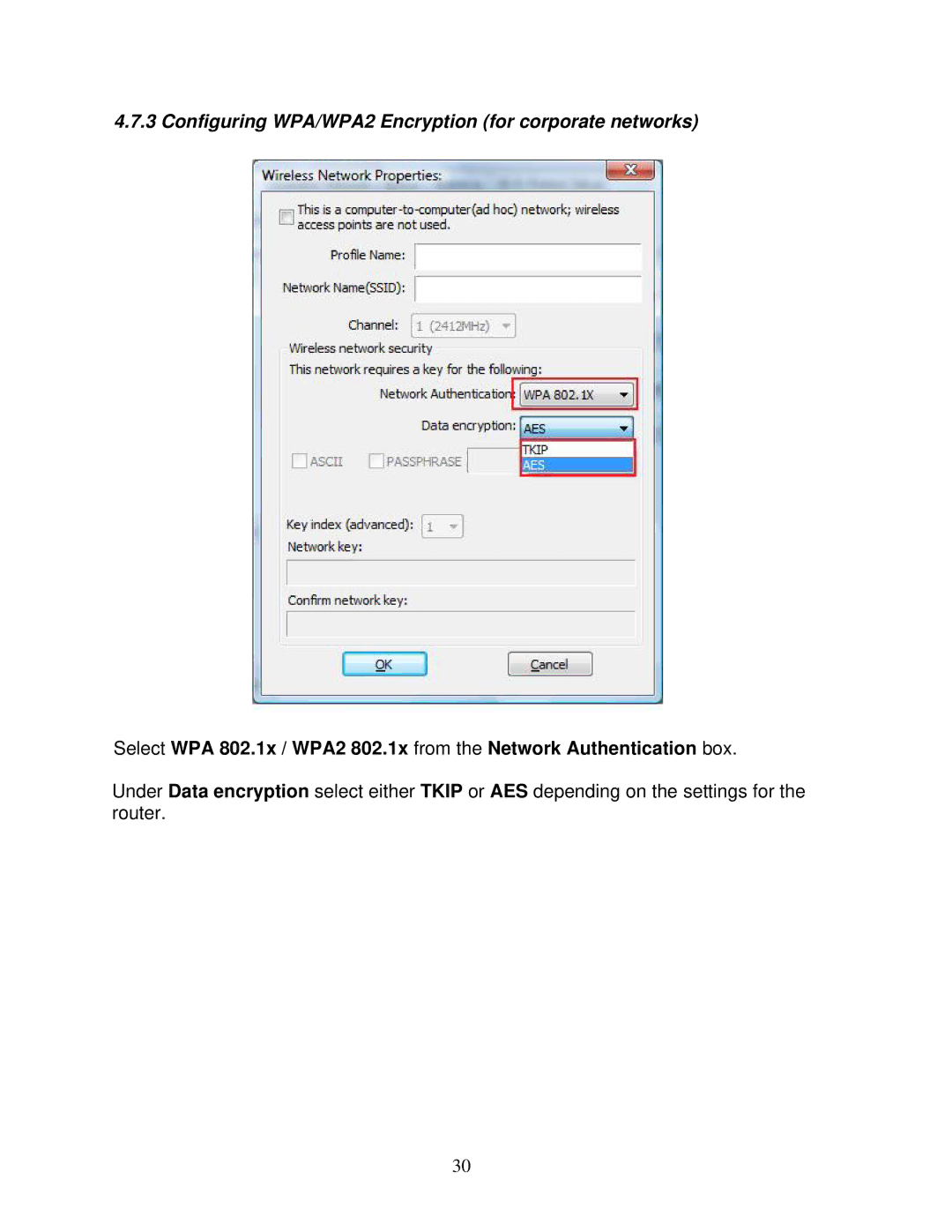 Airlink101 AWLL6075 user manual Configuring WPA/WPA2 Encryption for corporate networks 