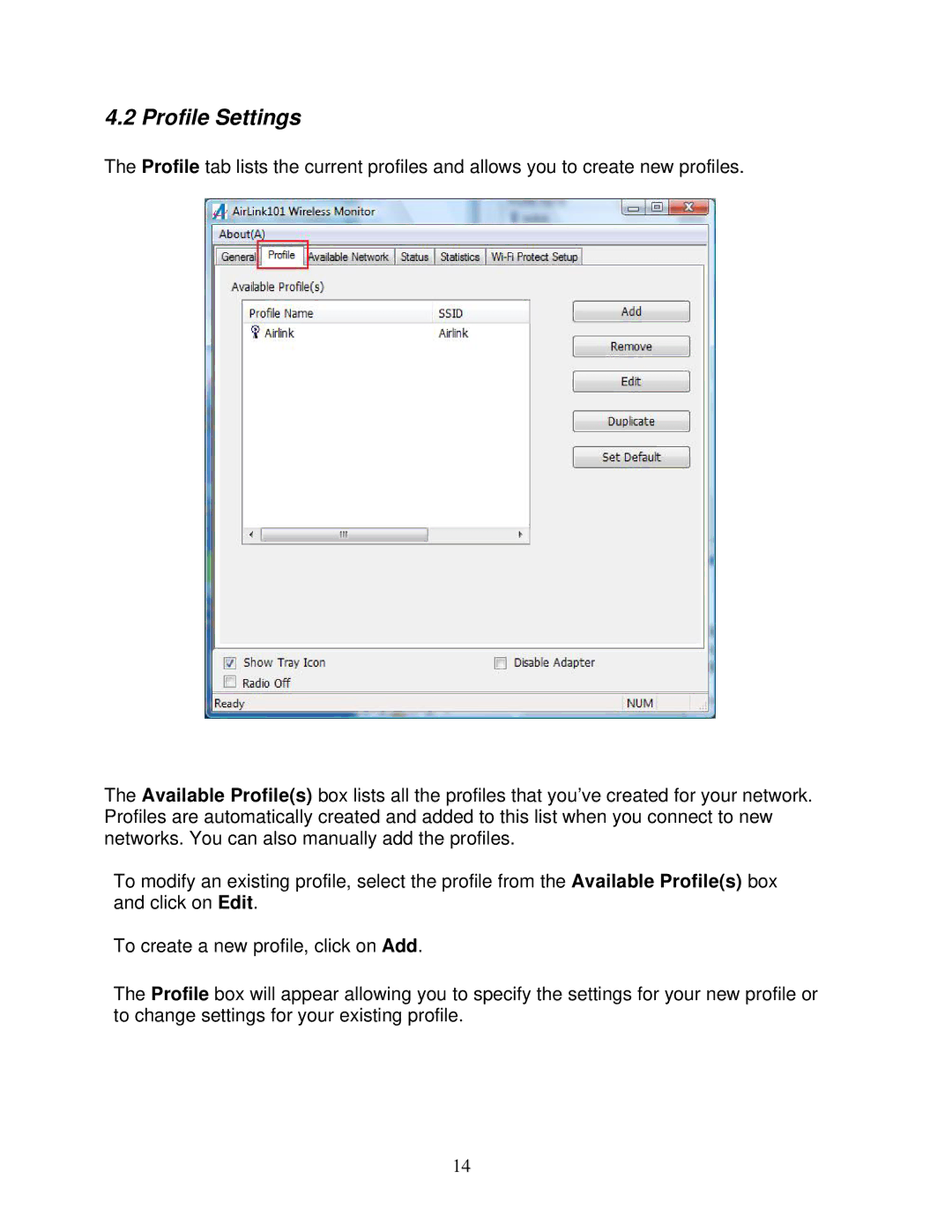 Airlink101 AWLL6077 user manual Profile Settings 