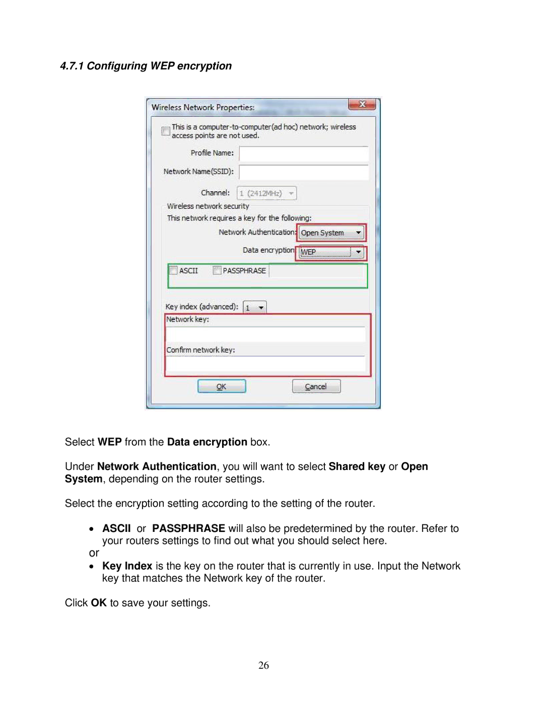 Airlink101 AWLL6077 user manual Configuring WEP encryption 