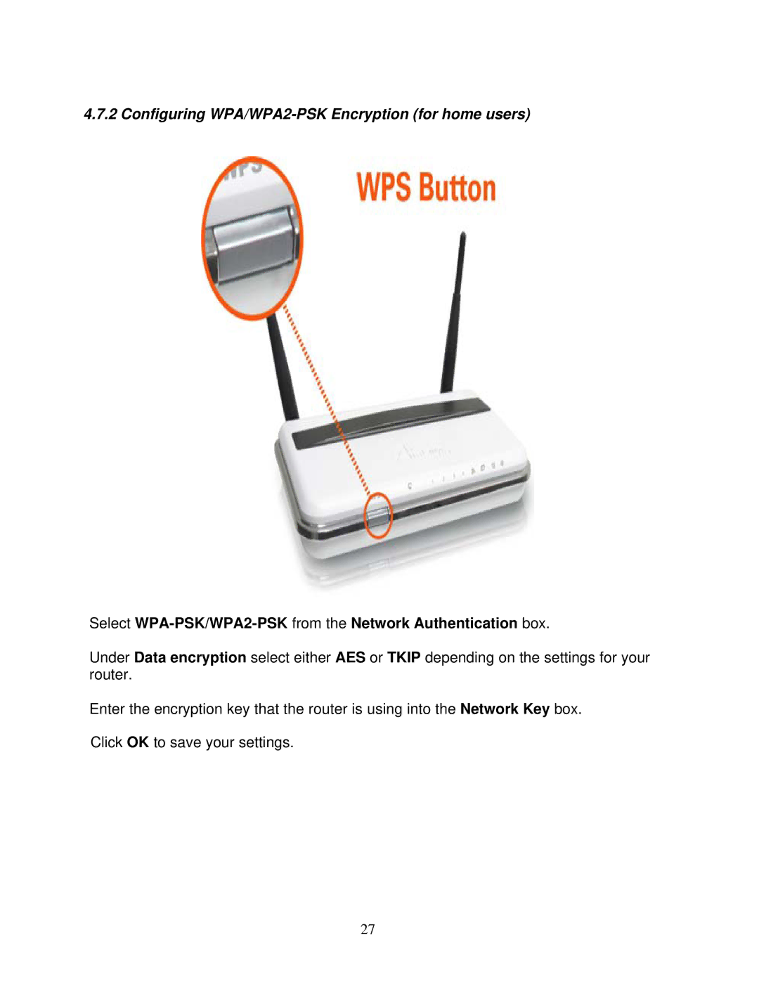 Airlink101 AWLL6077 user manual Configuring WPA/WPA2-PSK Encryption for home users 