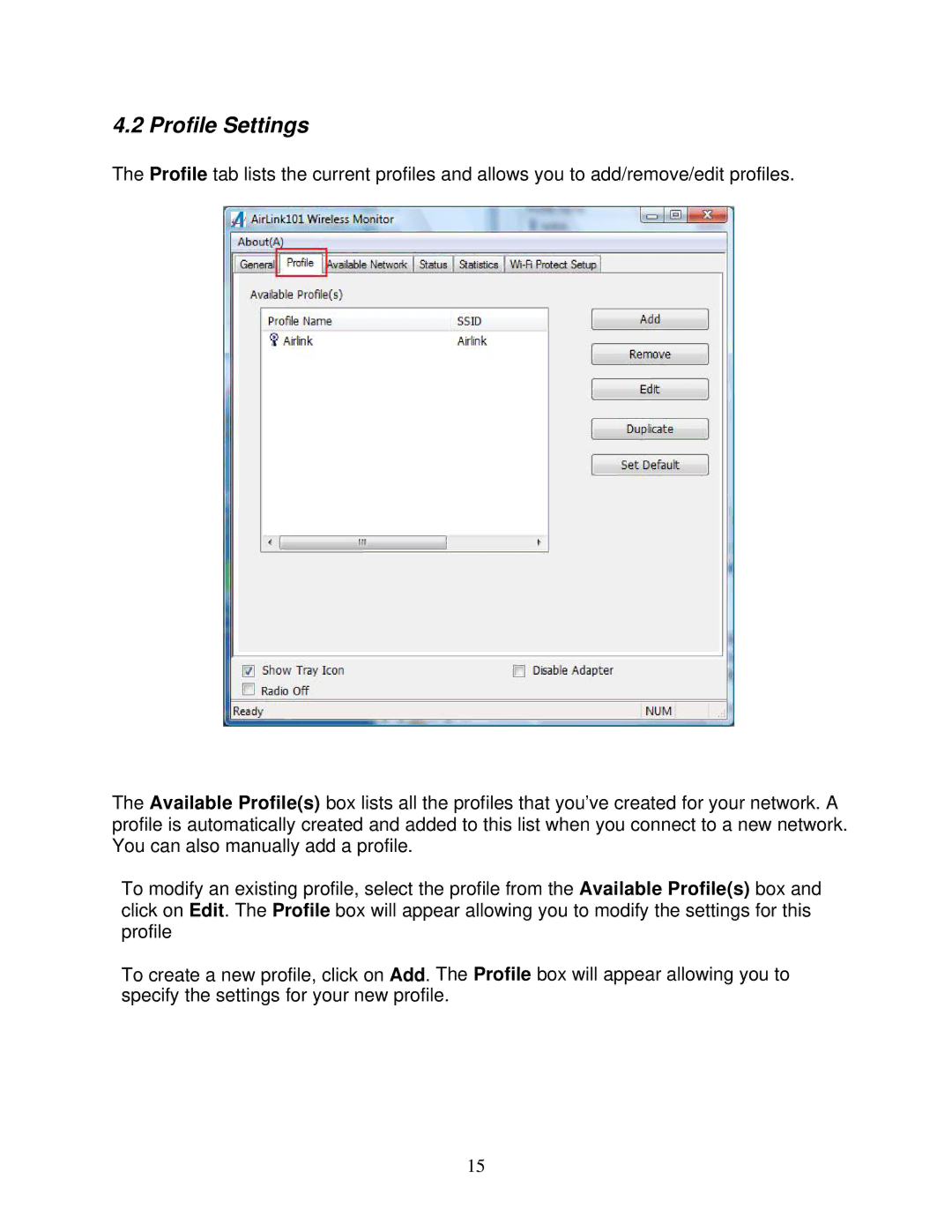 Airlink101 AWLL6077V2 user manual Profile Settings 