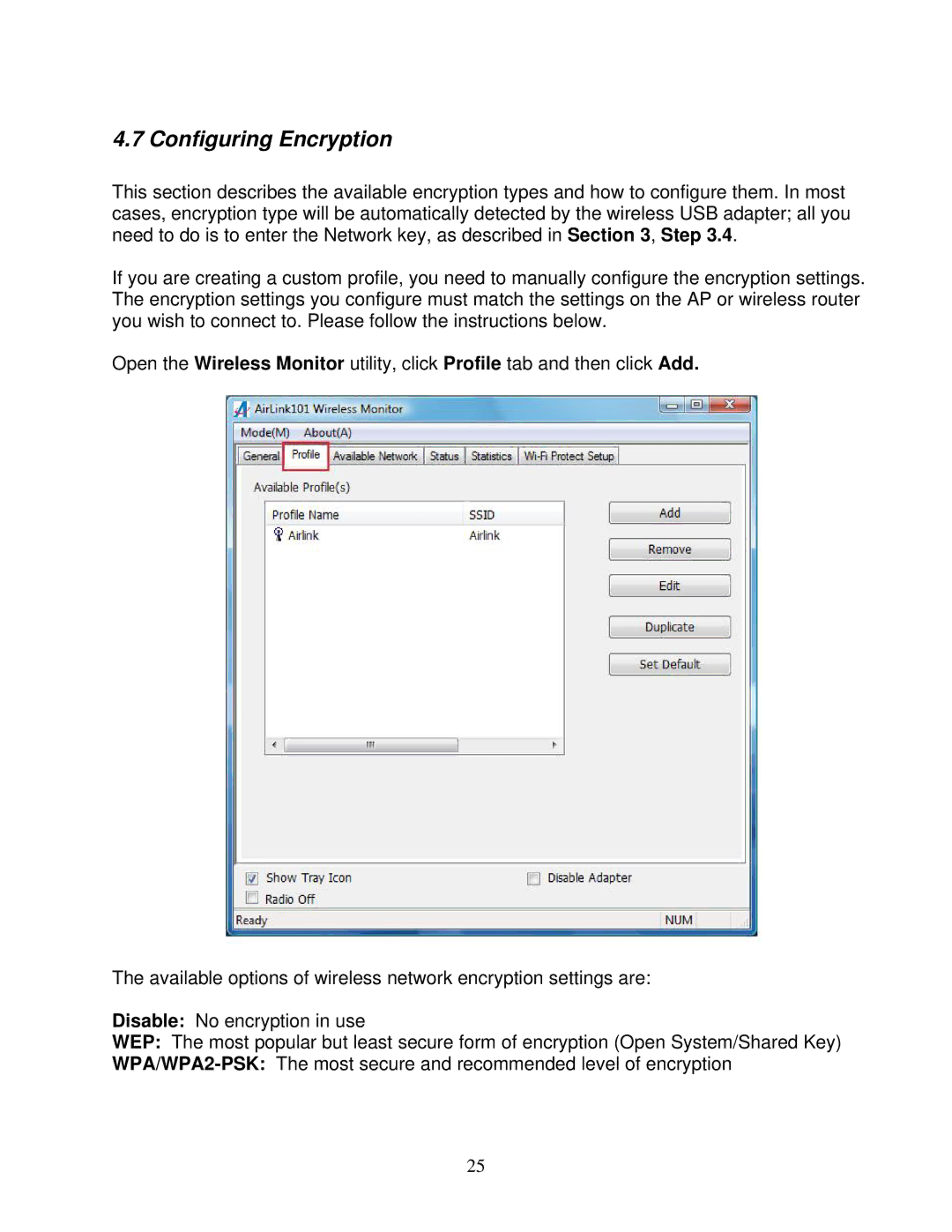 Airlink101 AWLL6077V2 user manual Configuring Encryption 