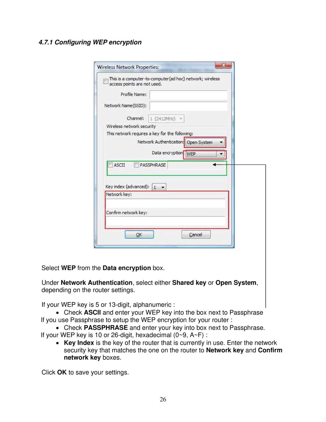 Airlink101 AWLL6077V2 user manual Configuring WEP encryption 