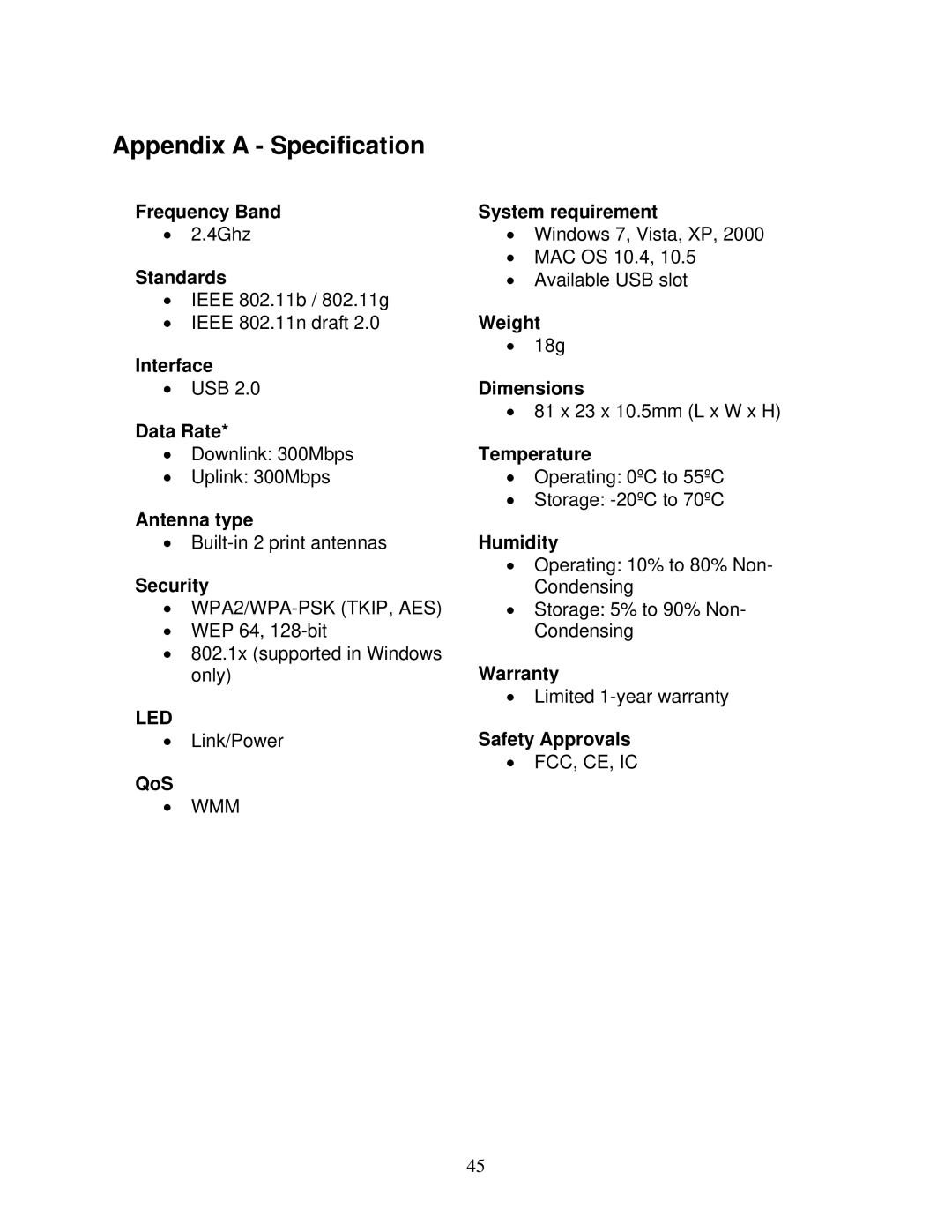 Airlink101 AWLL6077V2 user manual Appendix a Specification, Led 