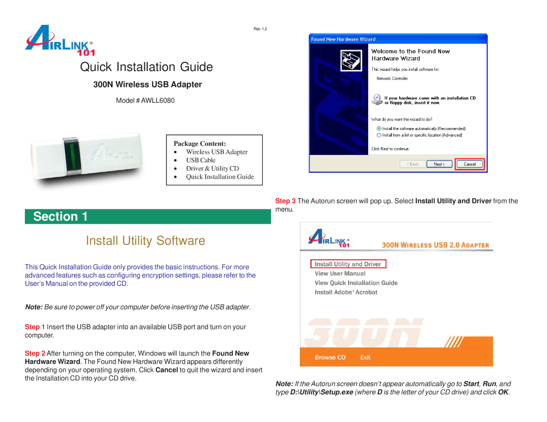 Airlink101 AWLL6080 user manual Section, Install Utility Software 