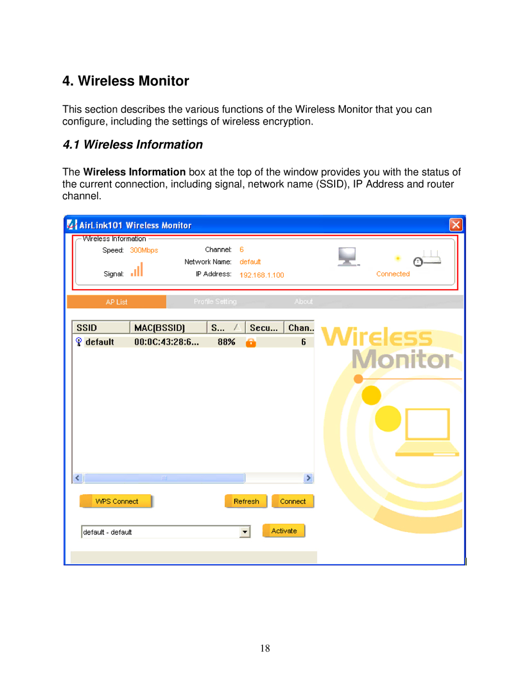 Airlink101 AWLL6090 user manual Wireless Monitor, Wireless Information 