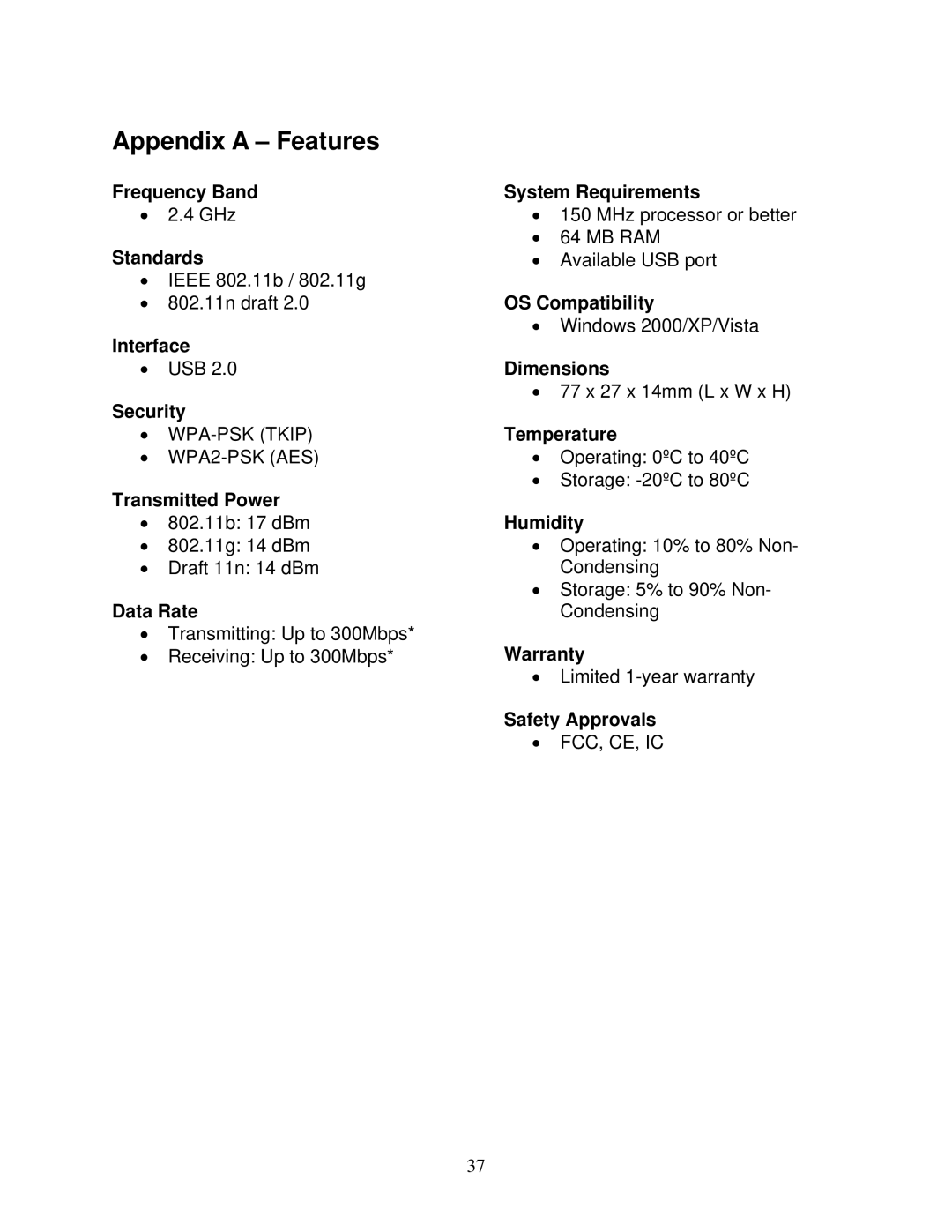 Airlink101 AWLL6090 user manual Appendix a Features 