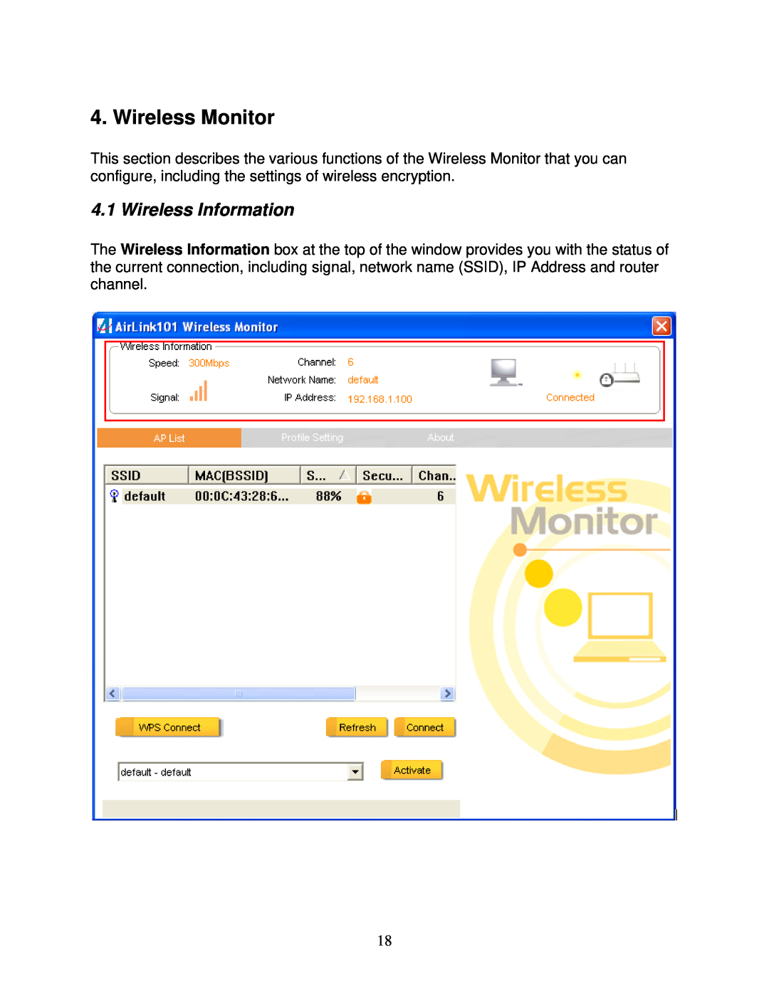 Airlink101 AWLL6090 user manual Wireless Monitor, Wireless Information 