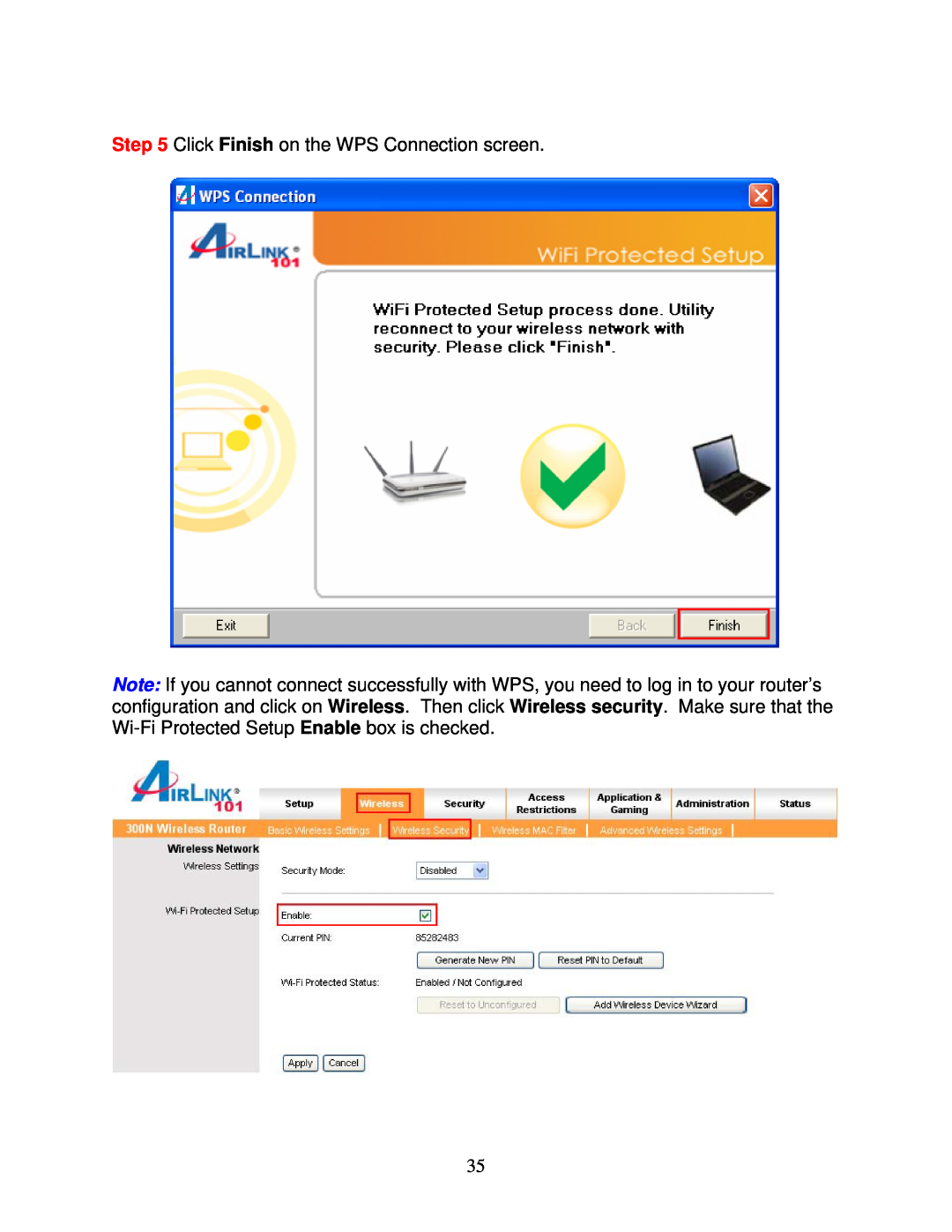Airlink101 AWLL6090 user manual Click Finish on the WPS Connection screen 