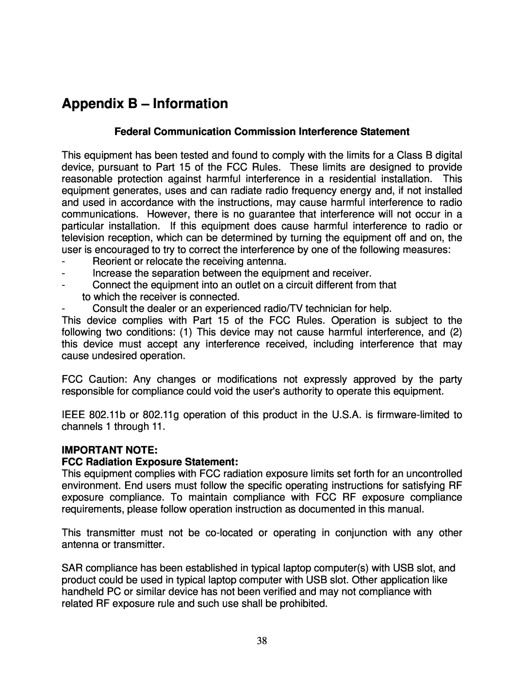 Airlink101 AWLL6090 user manual Appendix B - Information, Federal Communication Commission Interference Statement 