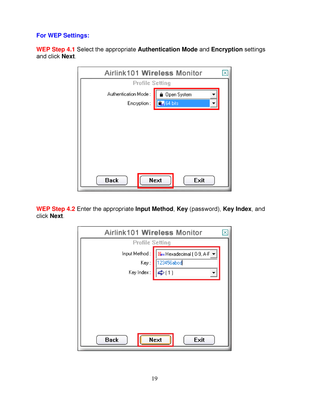 Airlink101 AWLL7025 user manual For WEP Settings 