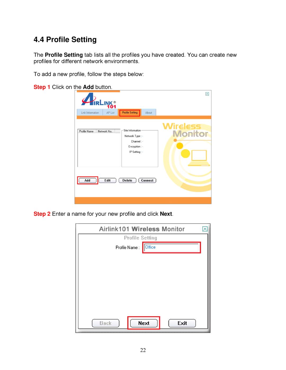 Airlink101 AWLL7025 user manual Profile Setting 