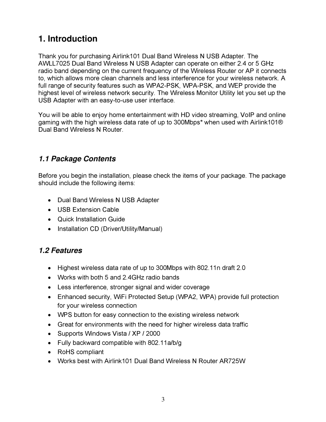 Airlink101 AWLL7025 user manual Introduction, Package Contents, Features 