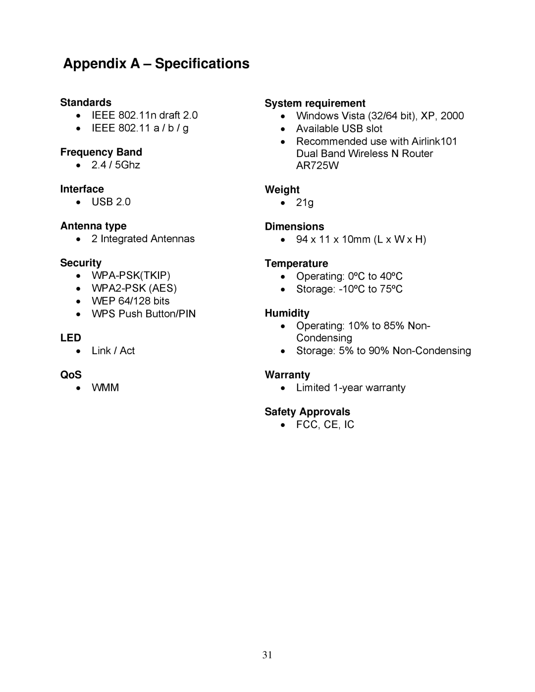 Airlink101 AWLL7025 user manual Appendix a Specifications, Security Temperature 