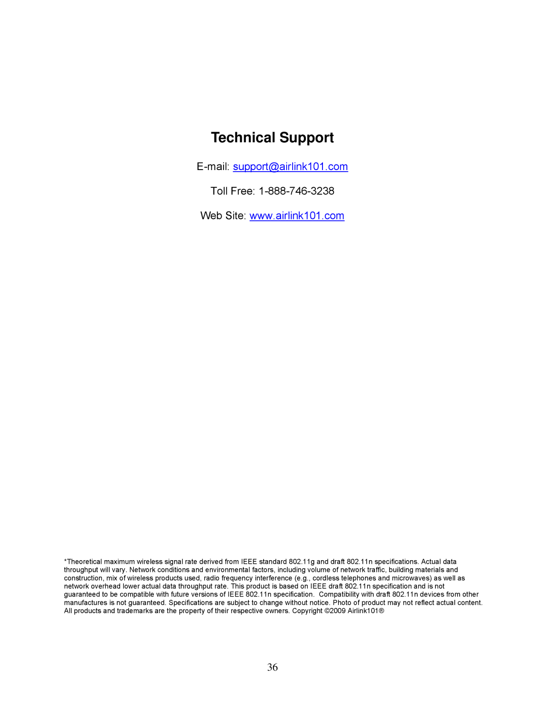 Airlink101 AWLL7025 user manual Technical Support, Mailsupport@airlink101.com 