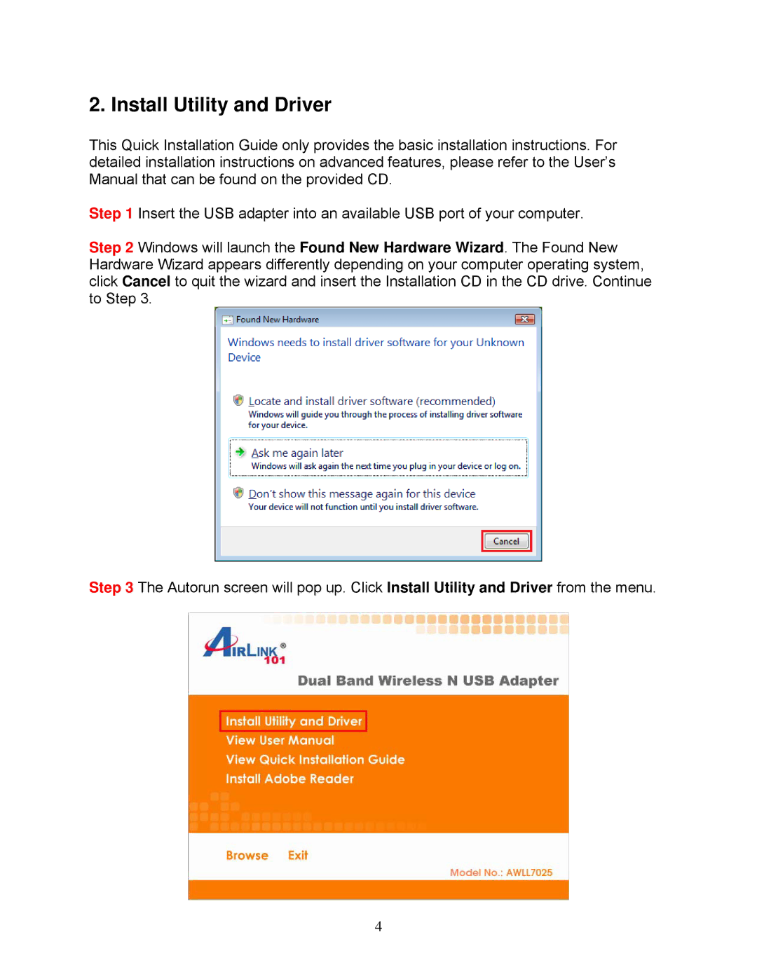 Airlink101 AWLL7025 user manual Install Utility and Driver 