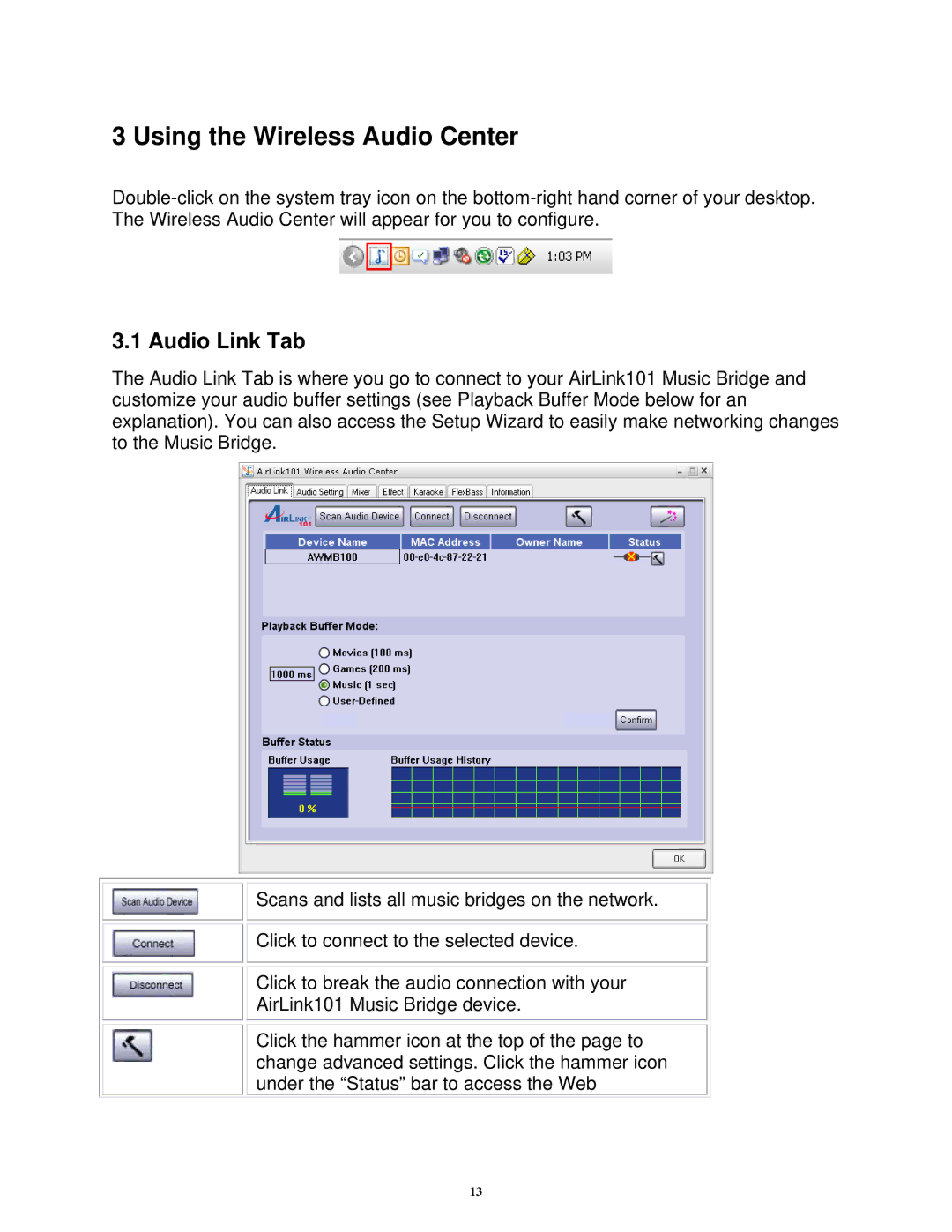 Airlink101 AWMB100 manual Using the Wireless Audio Center, Audio Link Tab 