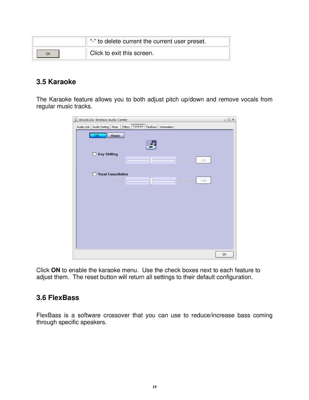 Airlink101 AWMB100 manual Karaoke, FlexBass 