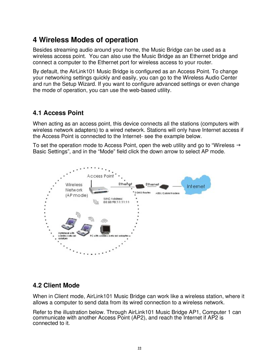 Airlink101 AWMB100 manual Wireless Modes of operation, Access Point, Client Mode 