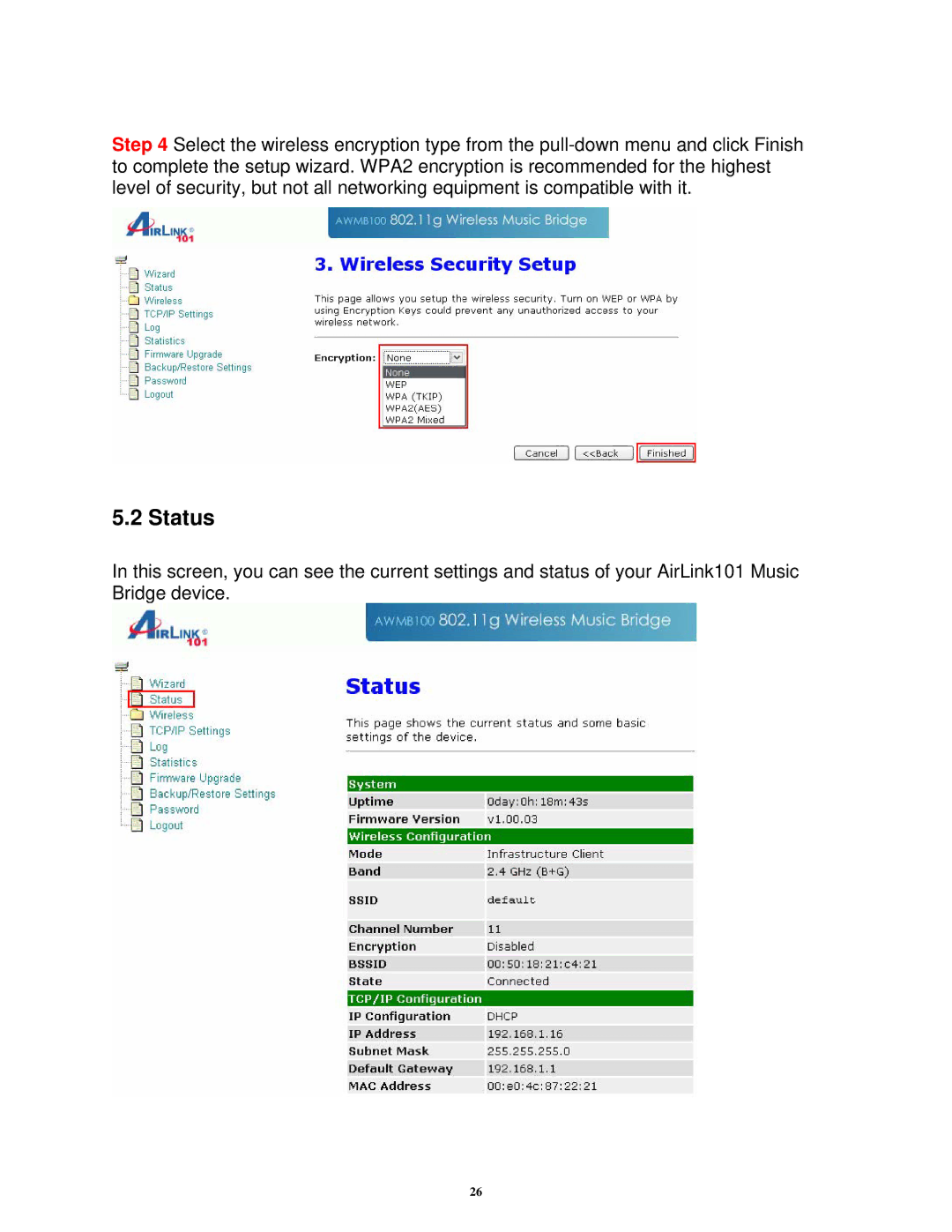 Airlink101 AWMB100 manual Status 