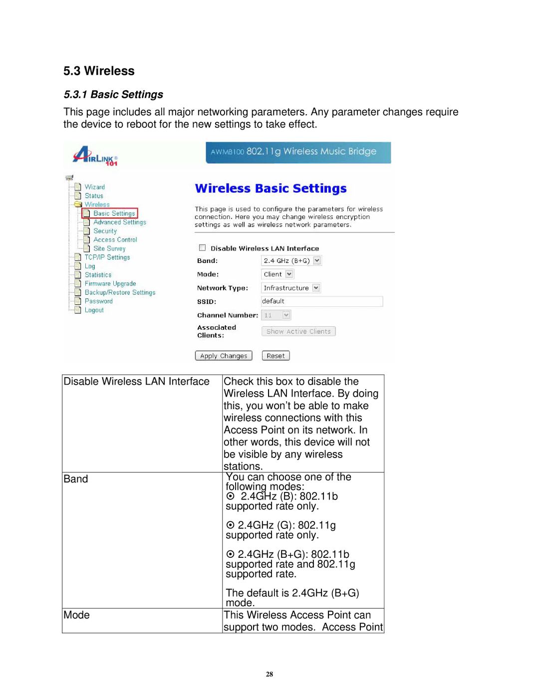 Airlink101 AWMB100 manual Wireless, Basic Settings 