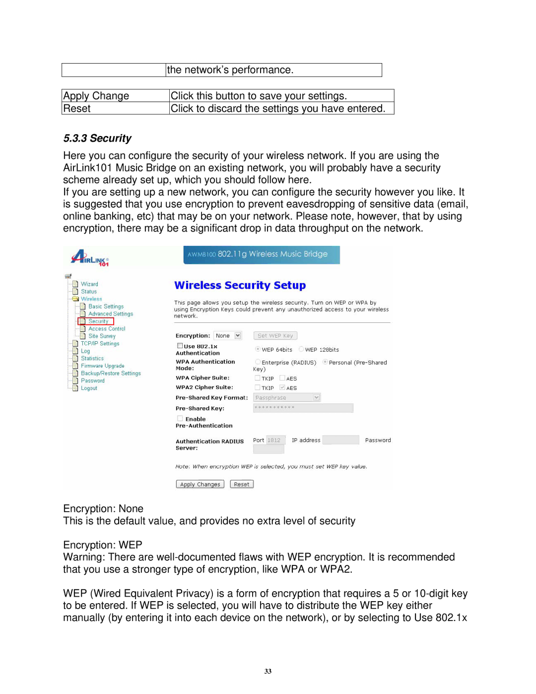 Airlink101 AWMB100 manual Security 