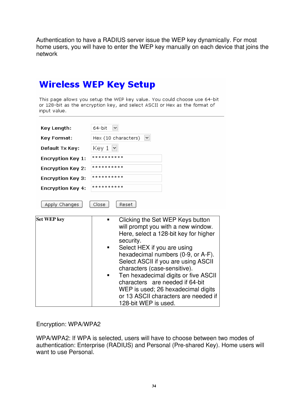 Airlink101 AWMB100 manual ƒ Clicking the Set WEP Keys button 