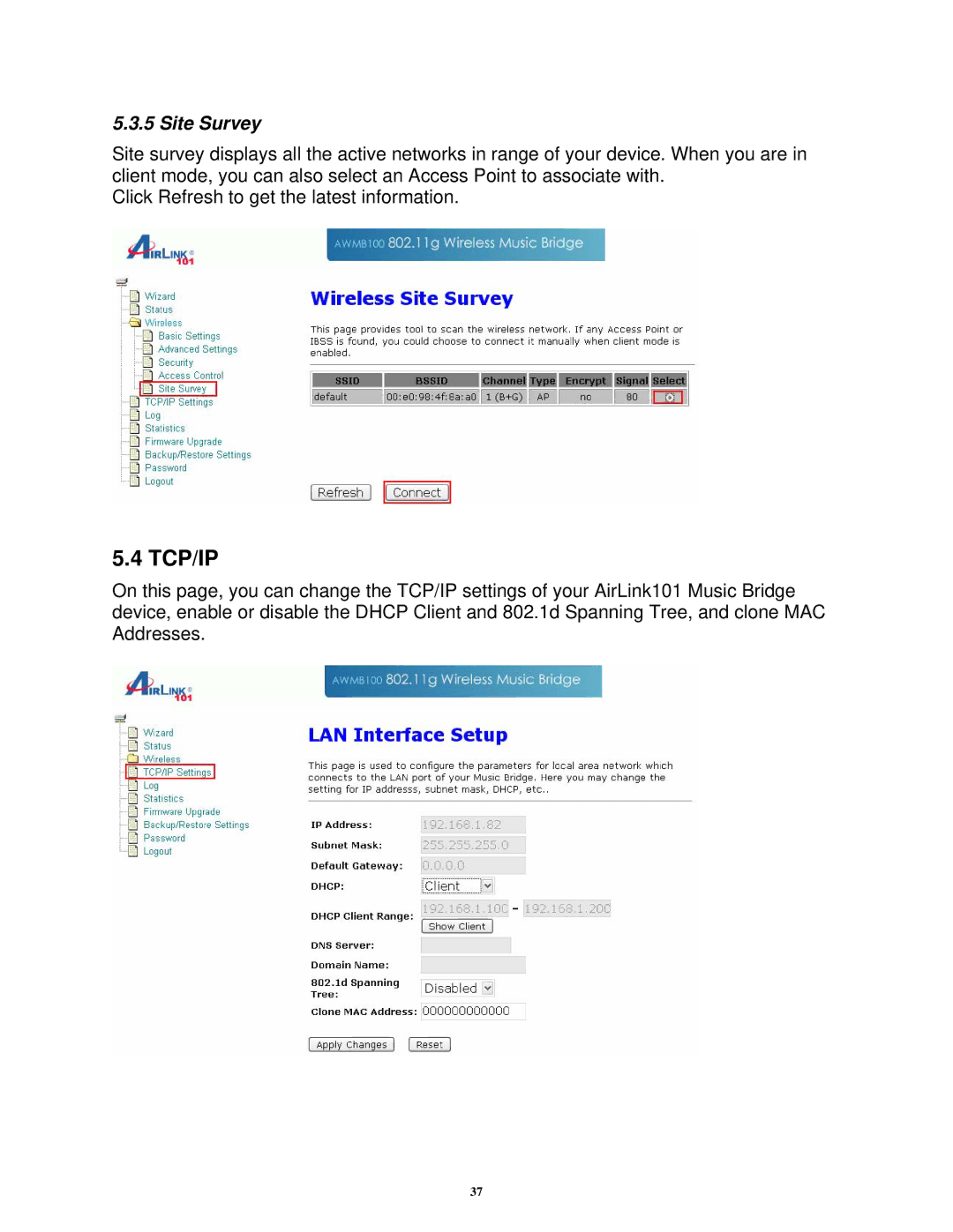 Airlink101 AWMB100 manual Tcp/Ip, Site Survey 