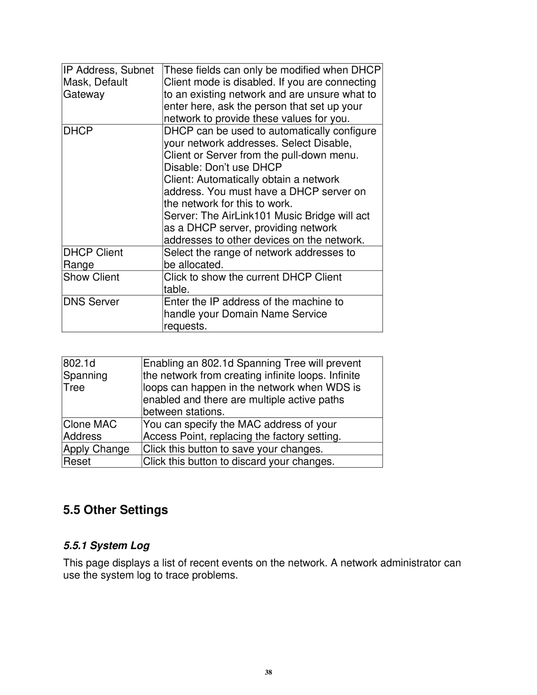 Airlink101 AWMB100 manual Other Settings, System Log 