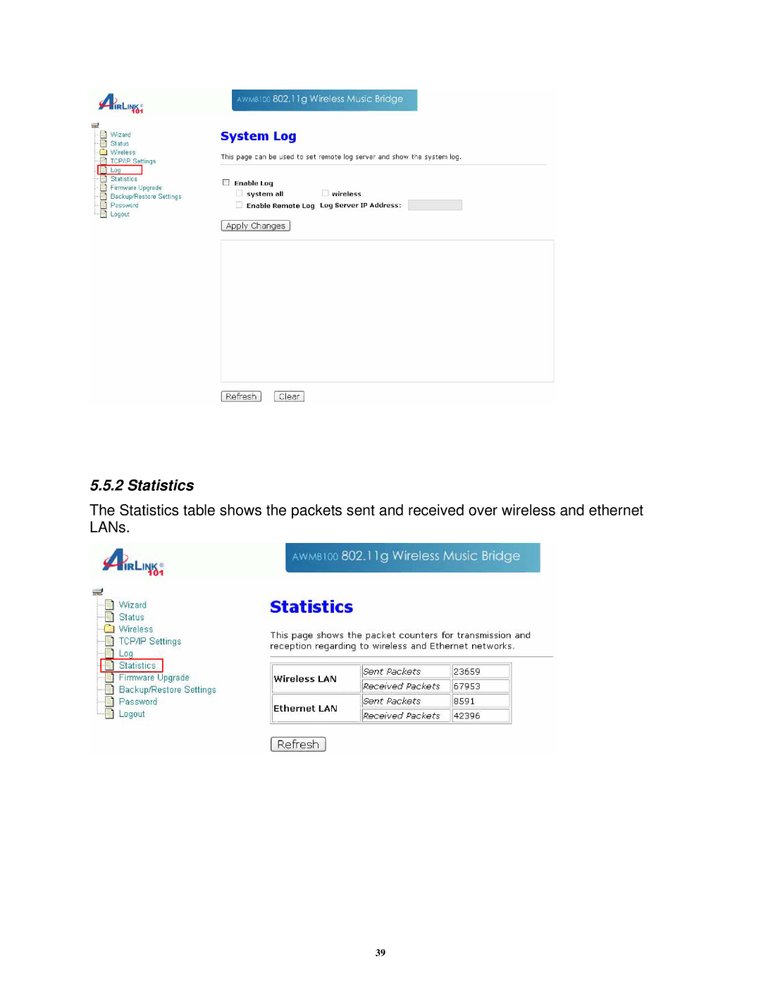 Airlink101 AWMB100 manual Statistics 