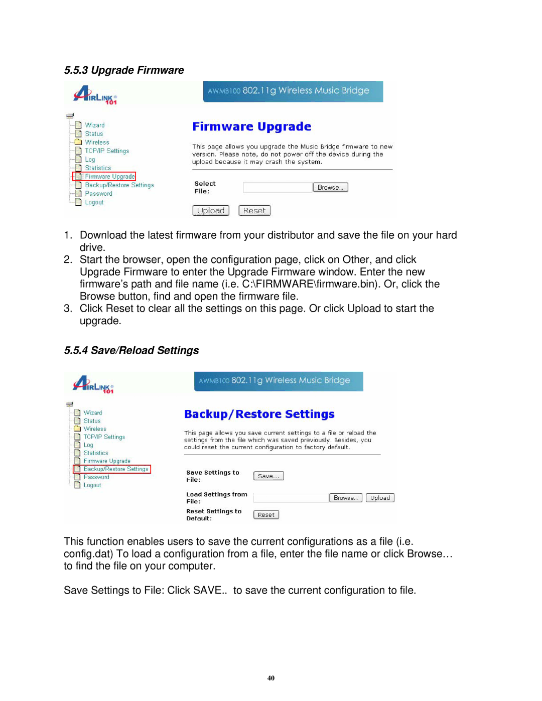 Airlink101 AWMB100 manual Upgrade Firmware, Save/Reload Settings 