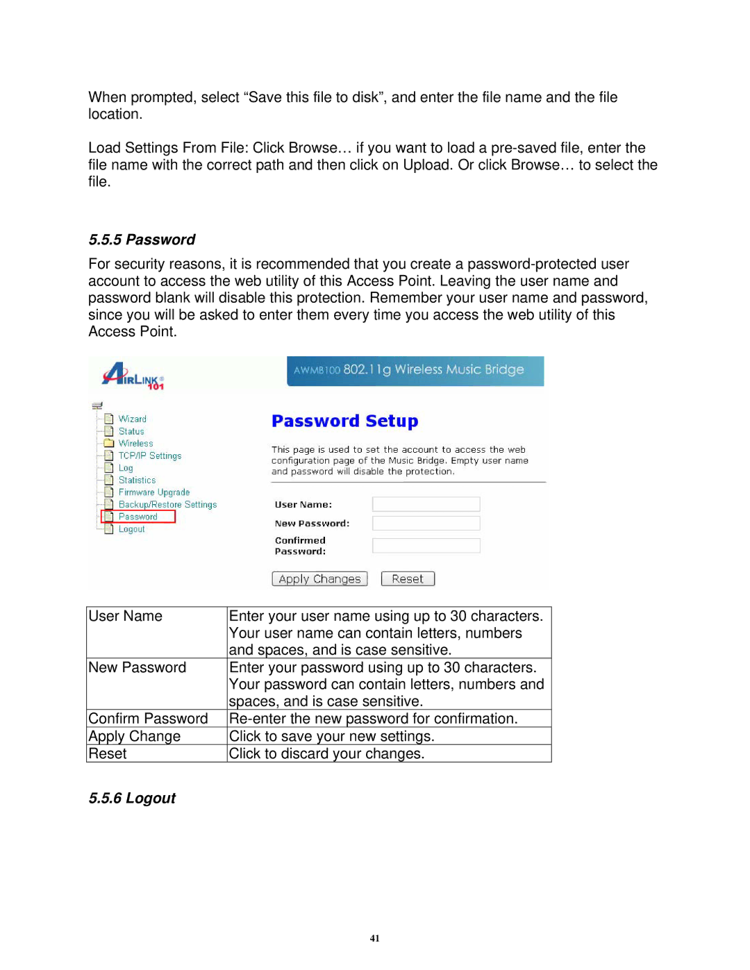 Airlink101 AWMB100 manual Password, Logout 