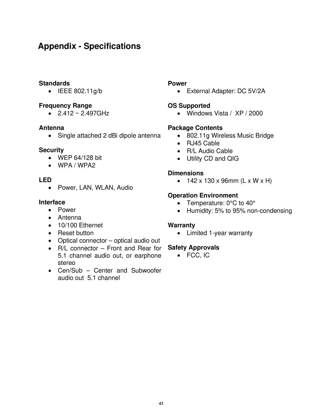 Airlink101 AWMB100 manual Appendix Specifications, Led 