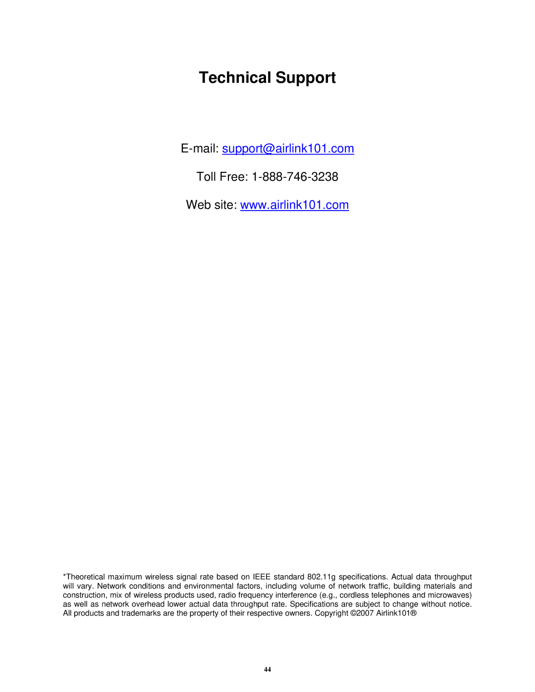 Airlink101 AWMB100 manual Technical Support 