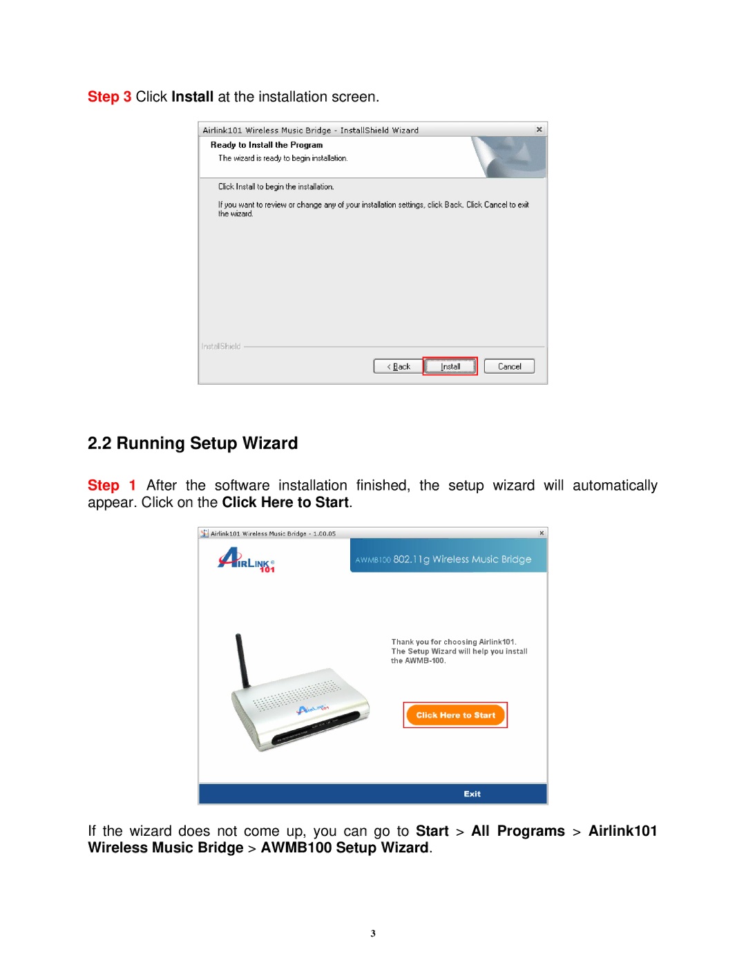 Airlink101 AWMB100 manual Running Setup Wizard 