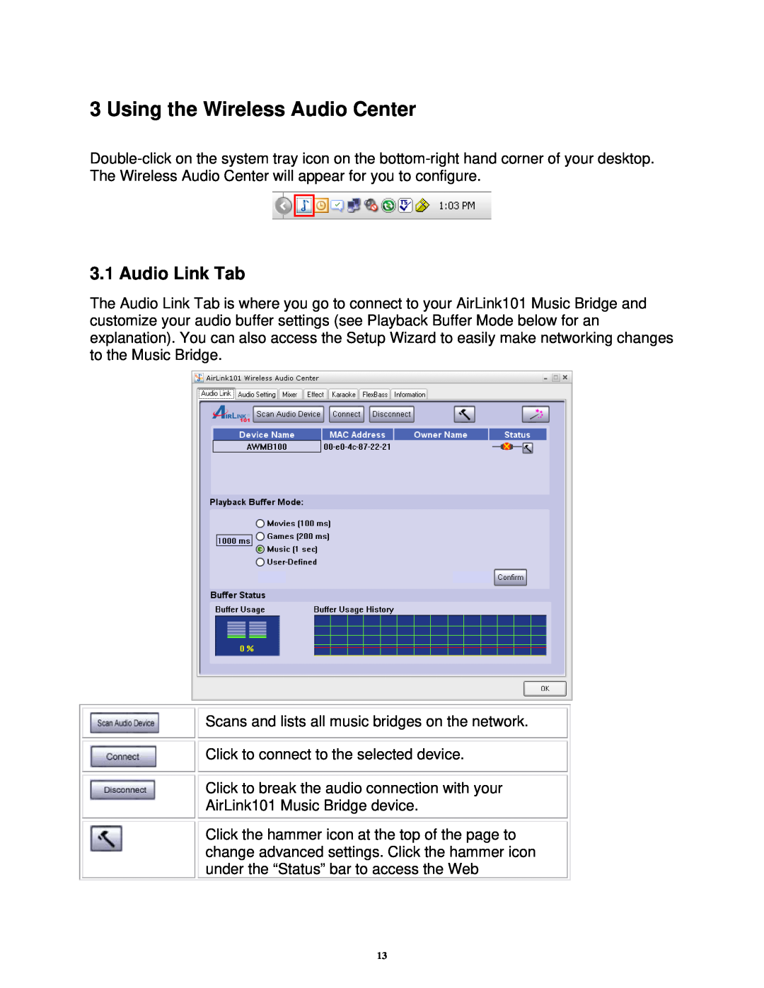 Airlink101 AWMB100 manual Using the Wireless Audio Center, Audio Link Tab 
