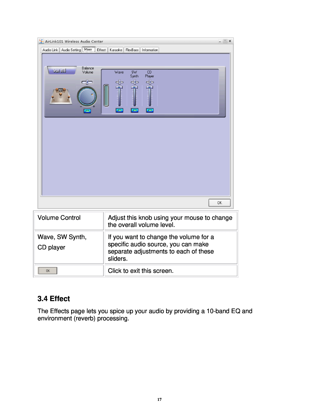 Airlink101 AWMB100 manual Effect, Volume Control Wave, SW Synth, CD player, Click to exit this screen 