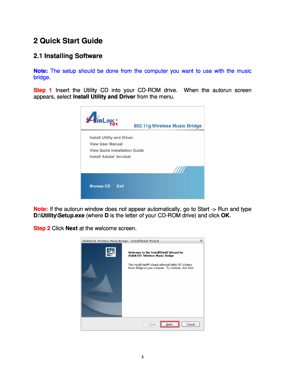 Airlink101 AWMB100 manual Quick Start Guide, Installing Software 