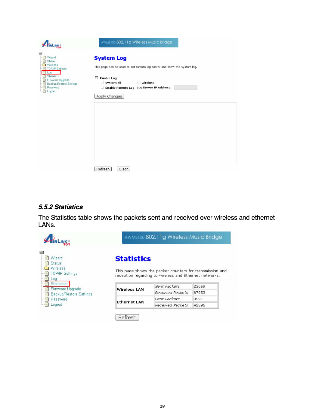 Airlink101 AWMB100 manual Statistics 