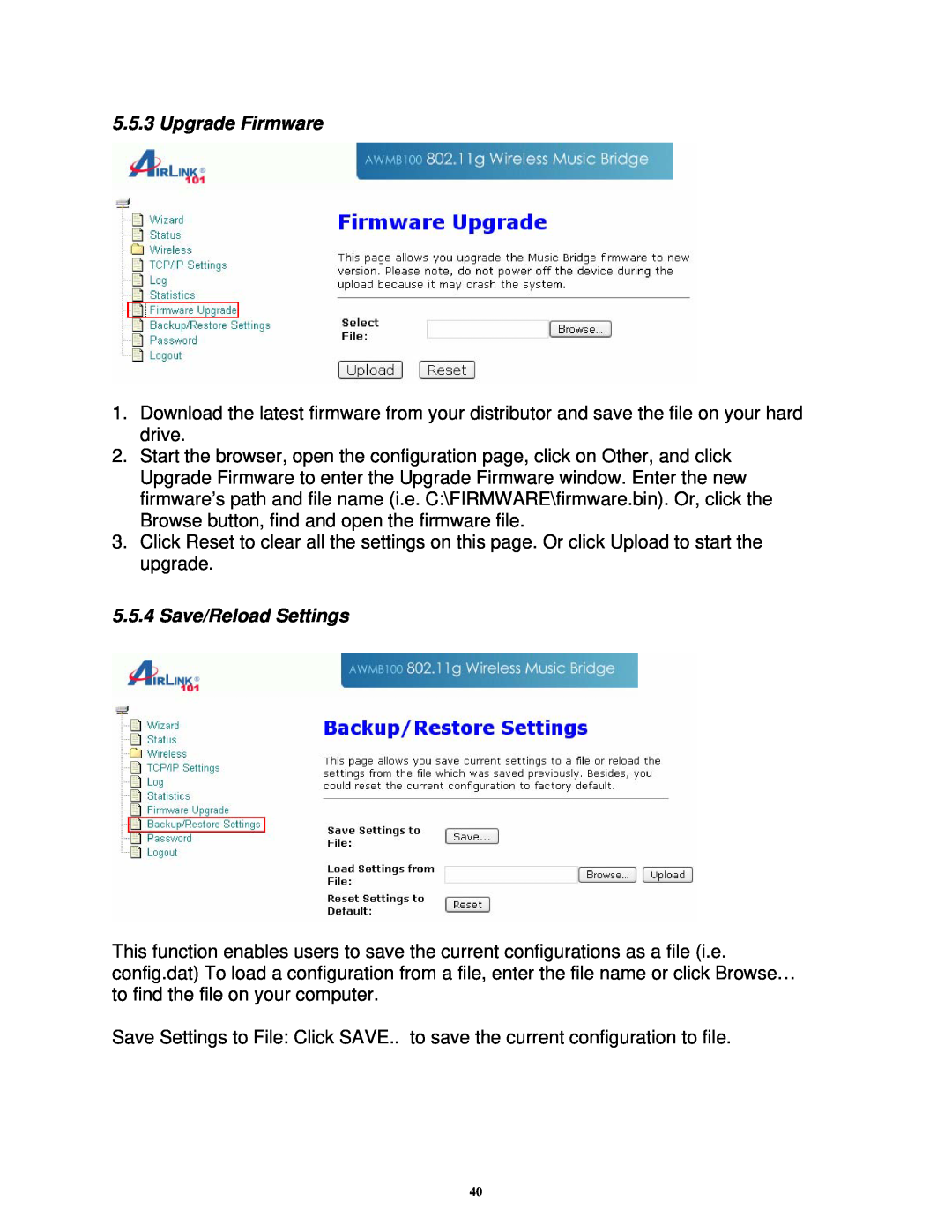 Airlink101 AWMB100 manual Upgrade Firmware, Save/Reload Settings 