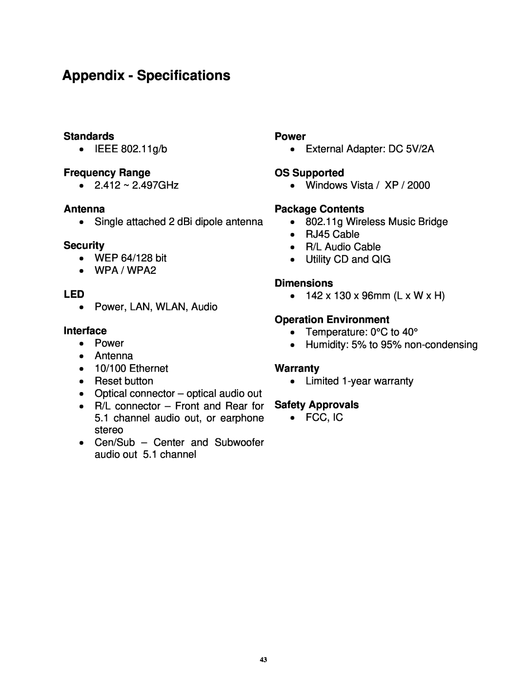 Airlink101 AWMB100 manual Appendix - Specifications 