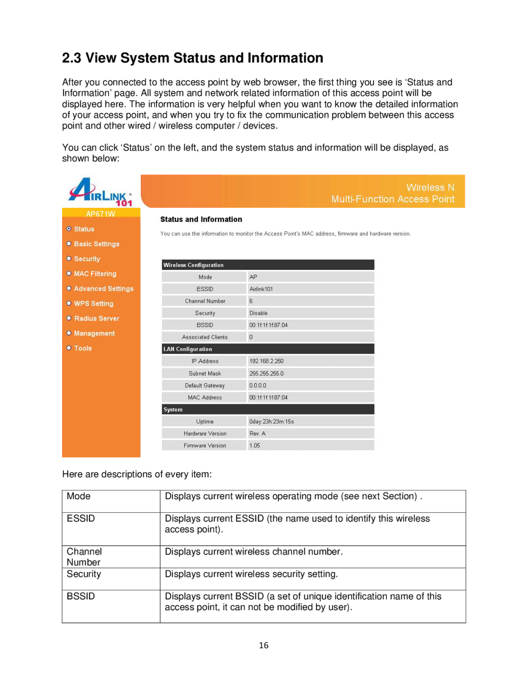 Airlink101 N300 user manual View System Status and Information, Essid, Bssid 