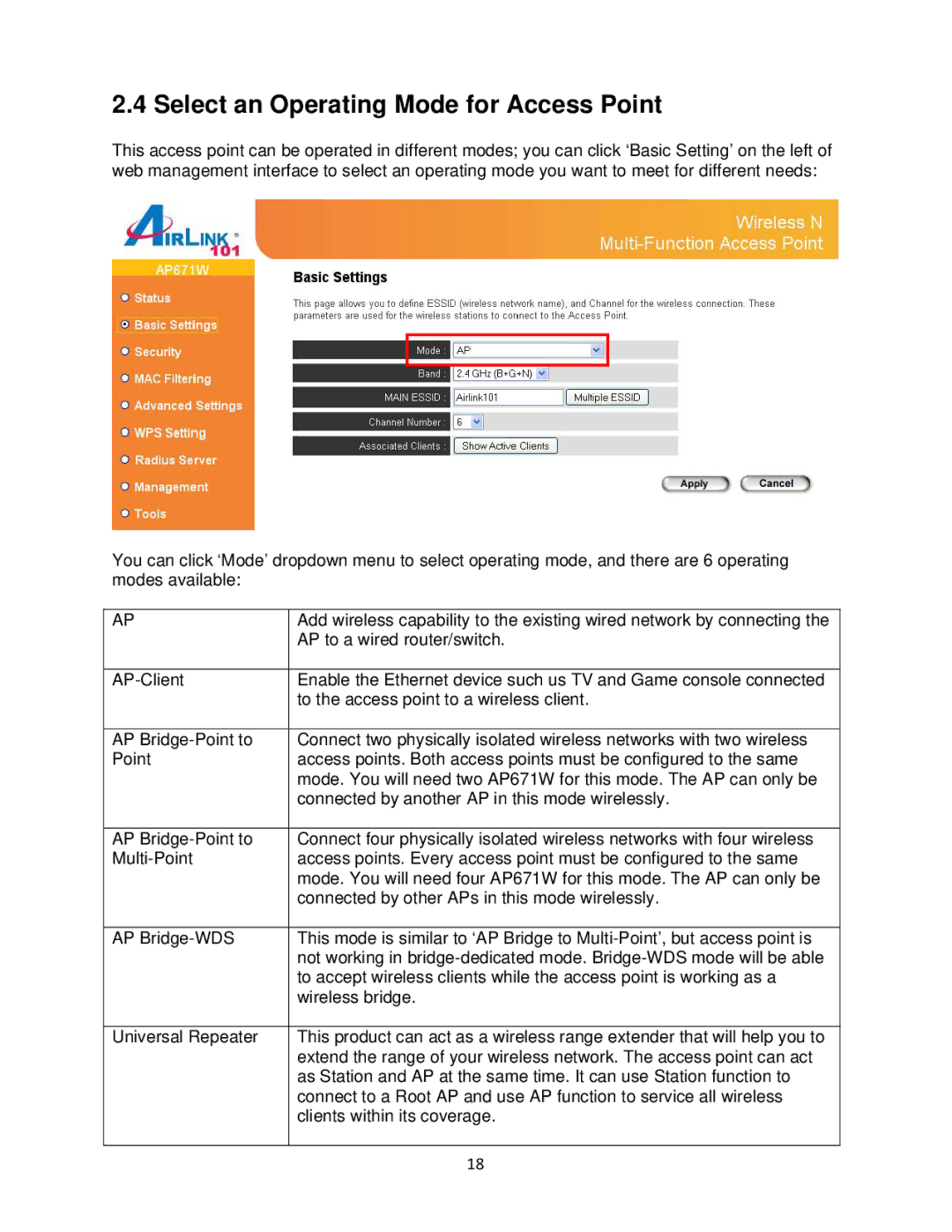 Airlink101 N300 user manual Select an Operating Mode for Access Point 