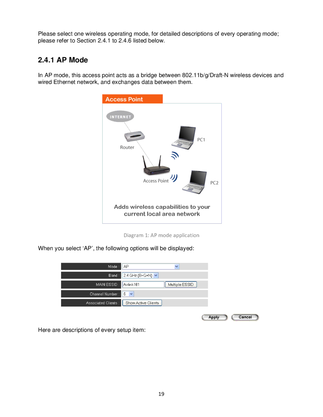 Airlink101 N300 user manual AP Mode, Diagram 1 AP mode application 