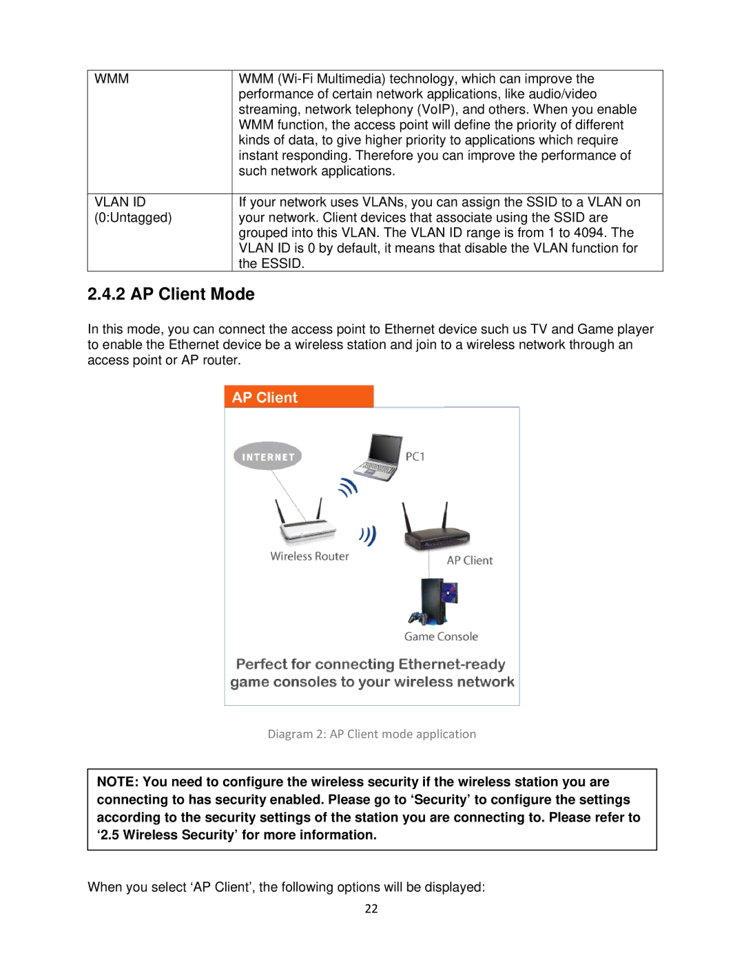 Airlink101 N300 user manual AP Client Mode, Wmm, Vlan ID 