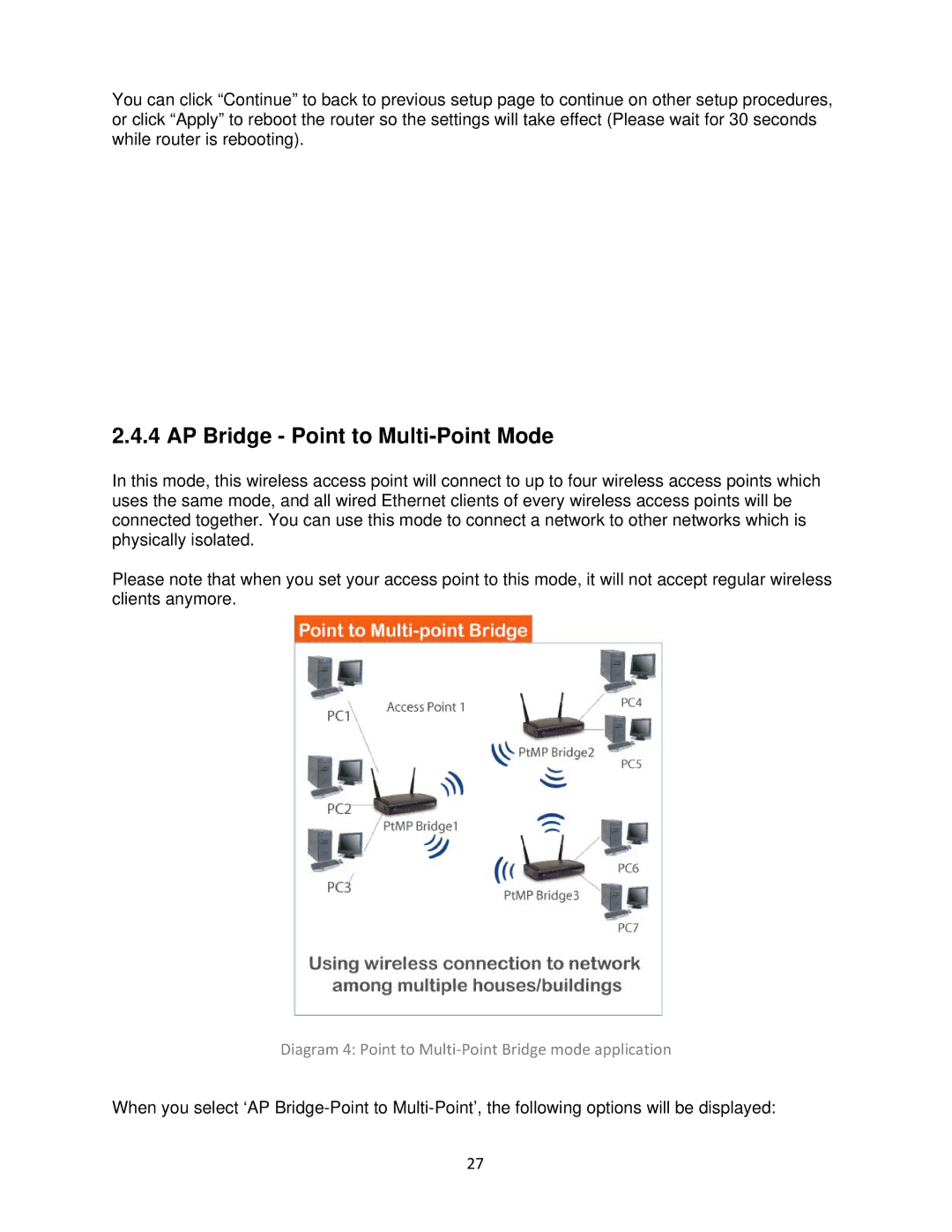 Airlink101 N300 user manual AP Bridge Point to Multi-Point Mode, Diagram 4 Point to Multi‐Point Bridge mode application 